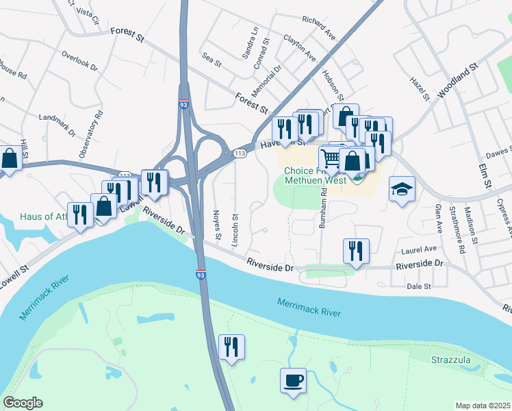 map of restaurants, bars, coffee shops, grocery stores, and more near 2 Vineyard Lane in Methuen