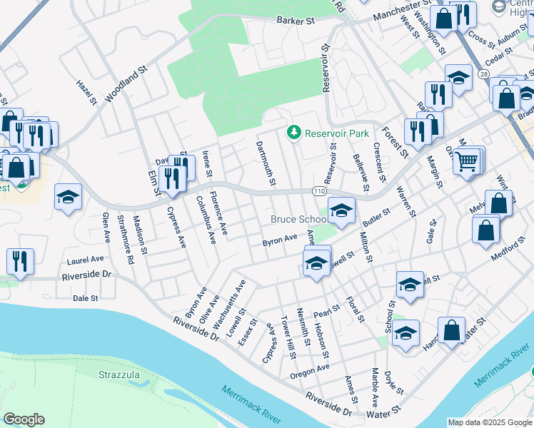 map of restaurants, bars, coffee shops, grocery stores, and more near 45 Middlebury Street in Lawrence