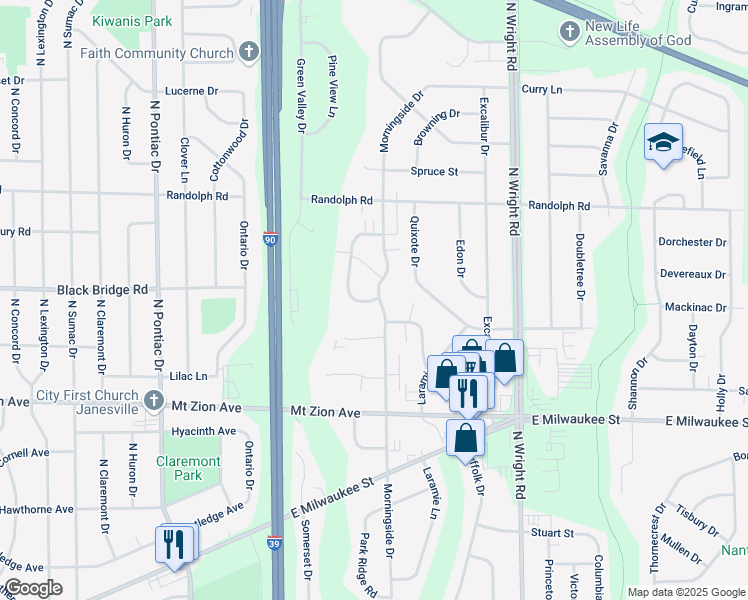 map of restaurants, bars, coffee shops, grocery stores, and more near 1603 Green Forest Run in Janesville