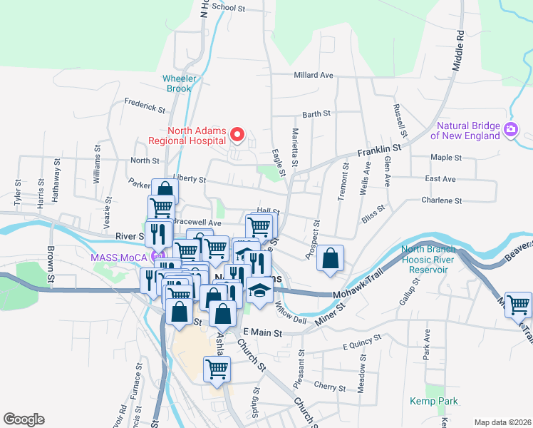 map of restaurants, bars, coffee shops, grocery stores, and more near 30 Hall Street in North Adams