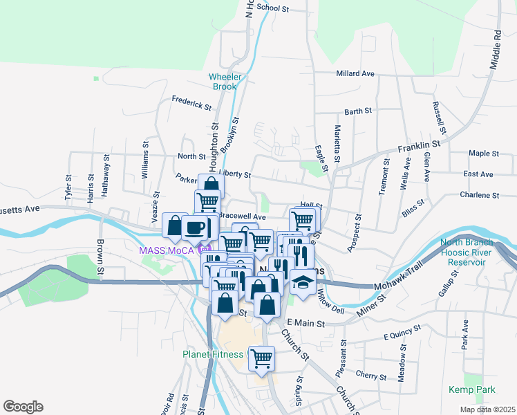 map of restaurants, bars, coffee shops, grocery stores, and more near 125 Bracewell Avenue in North Adams