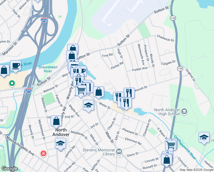 map of restaurants, bars, coffee shops, grocery stores, and more near 148 Main Street in North Andover