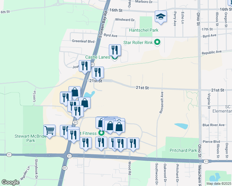 map of restaurants, bars, coffee shops, grocery stores, and more near 2211 South Green Bay Road in Racine