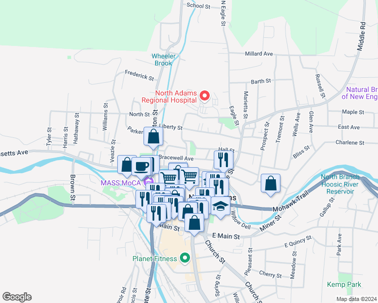 map of restaurants, bars, coffee shops, grocery stores, and more near 89 Bracewell Avenue in North Adams