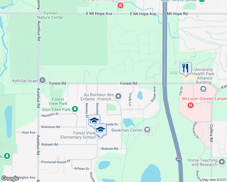 map of restaurants, bars, coffee shops, grocery stores, and more near 2726 Geert Court in Lansing