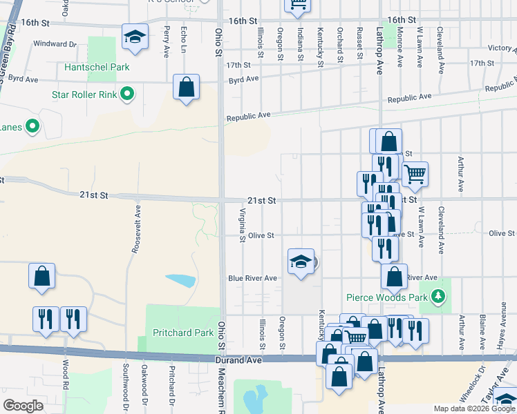 map of restaurants, bars, coffee shops, grocery stores, and more near 2116 Illinois Street in Racine