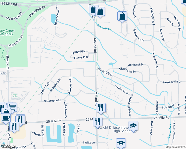 map of restaurants, bars, coffee shops, grocery stores, and more near 55755 Mound Road in Macomb County