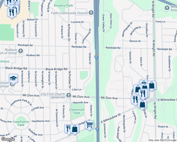 map of restaurants, bars, coffee shops, grocery stores, and more near 1623 Ontario Drive in Janesville
