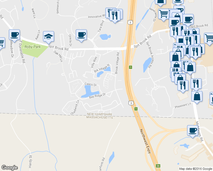 map of restaurants, bars, coffee shops, grocery stores, and more near 329 Brook Village Road in Nashua