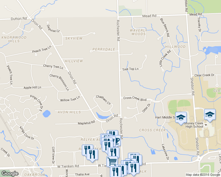 map of restaurants, bars, coffee shops, grocery stores, and more near 6400 N Rochester Rd in Rochester Hills