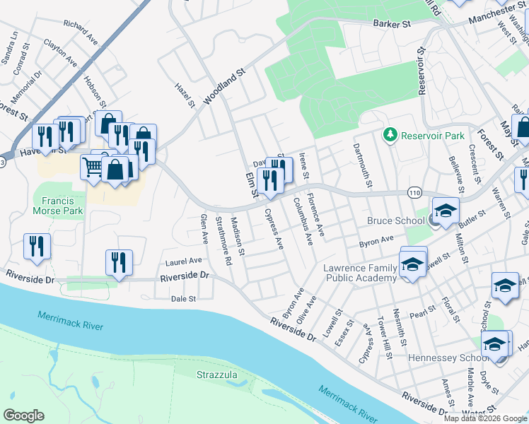 map of restaurants, bars, coffee shops, grocery stores, and more near 3 Cypress Avenue in Methuen