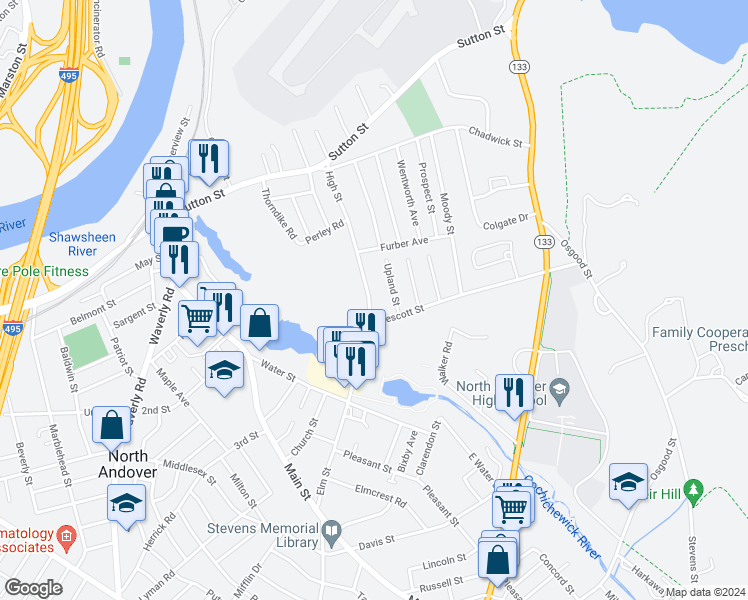 map of restaurants, bars, coffee shops, grocery stores, and more near 85 High Street in North Andover