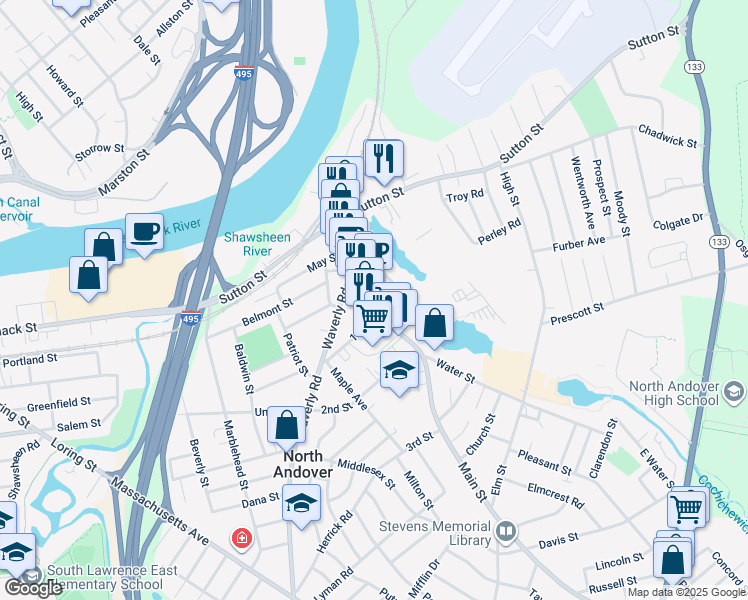 map of restaurants, bars, coffee shops, grocery stores, and more near 100 Main Street in North Andover