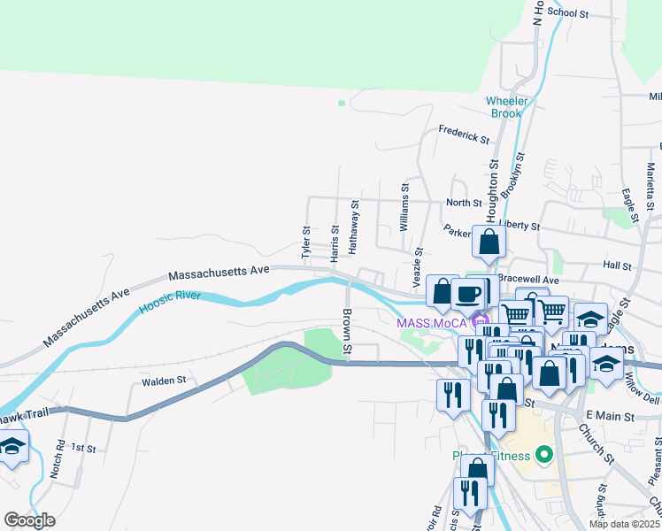 map of restaurants, bars, coffee shops, grocery stores, and more near 394 River Street in North Adams