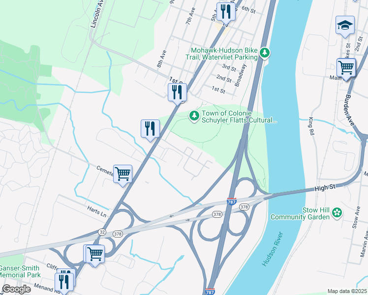 map of restaurants, bars, coffee shops, grocery stores, and more near 593A Broadway in Menands