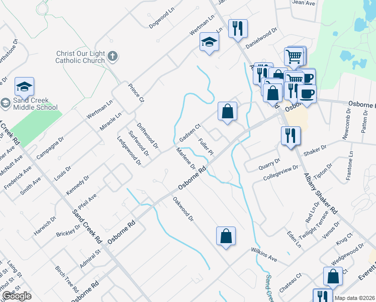 map of restaurants, bars, coffee shops, grocery stores, and more near 7 Marlene Drive in Albany