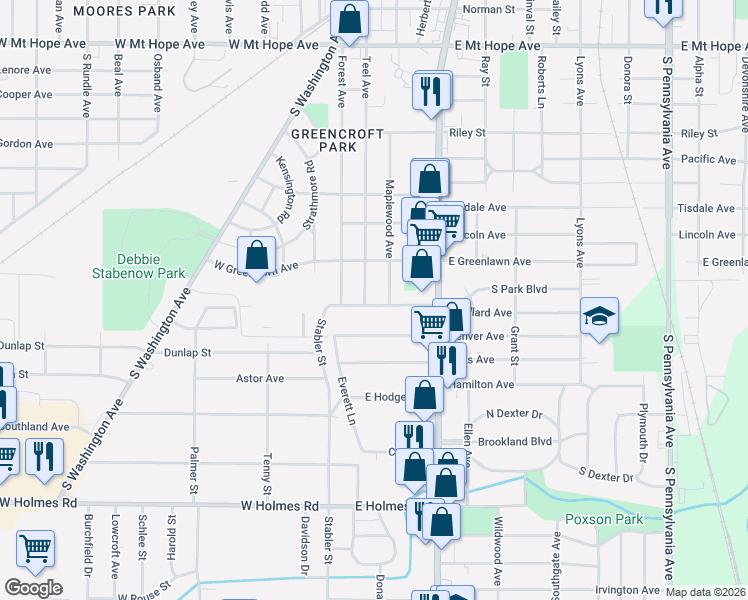 map of restaurants, bars, coffee shops, grocery stores, and more near 300 East Willard Avenue in Lansing