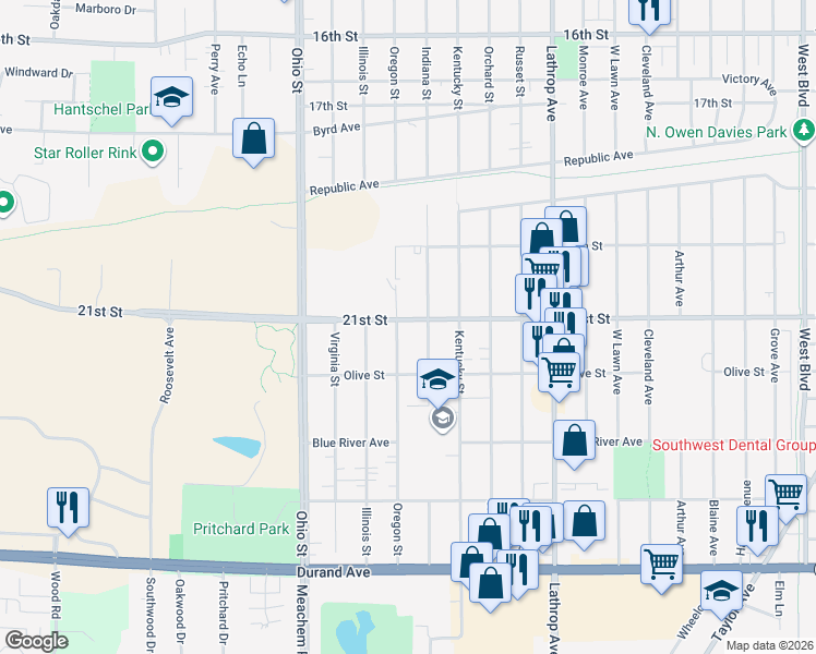 map of restaurants, bars, coffee shops, grocery stores, and more near 2116 Indiana Street in Racine