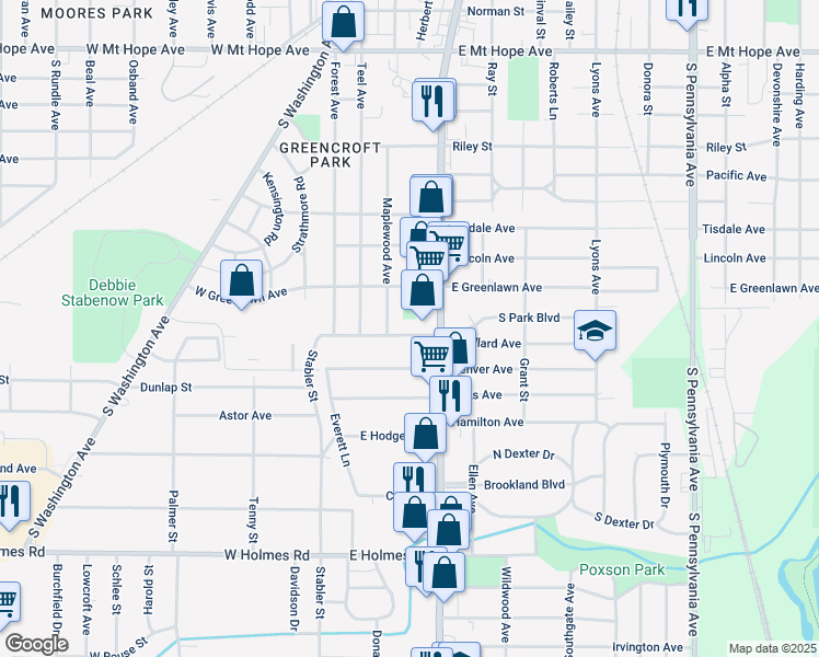 map of restaurants, bars, coffee shops, grocery stores, and more near 401 East Willard Avenue in Lansing