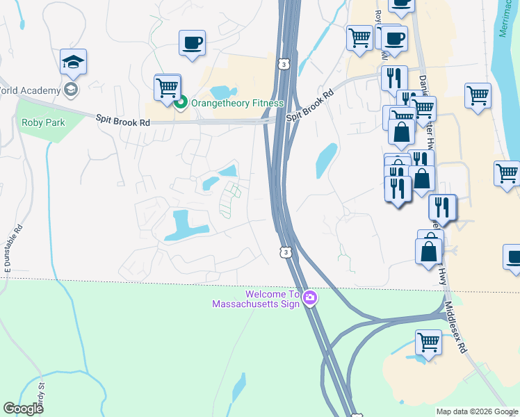 map of restaurants, bars, coffee shops, grocery stores, and more near 310 Brook Village Road in Nashua