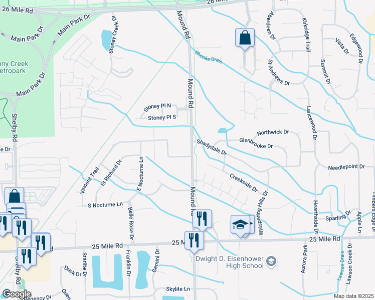 map of restaurants, bars, coffee shops, grocery stores, and more near 55755 Mound Road in Macomb County