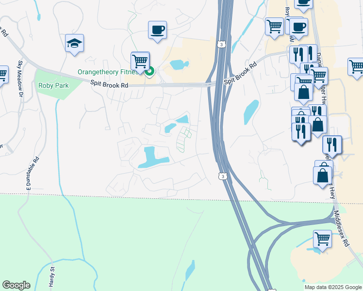 map of restaurants, bars, coffee shops, grocery stores, and more near 327 Brook Village Road in Nashua