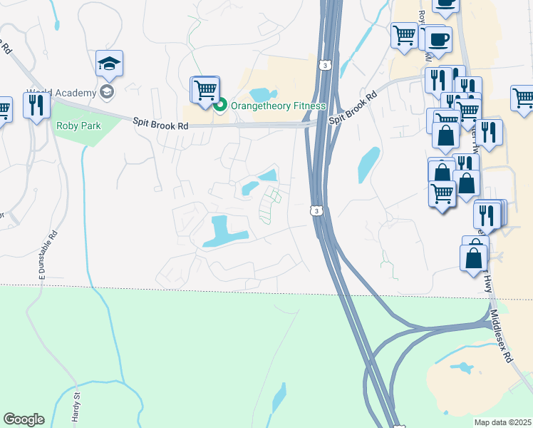 map of restaurants, bars, coffee shops, grocery stores, and more near 327 Brook Village Road in Nashua