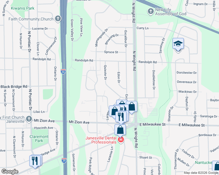 map of restaurants, bars, coffee shops, grocery stores, and more near 3330 La Mancha Drive in Janesville