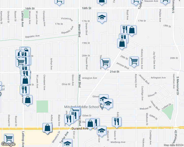 map of restaurants, bars, coffee shops, grocery stores, and more near 2905 21st Street in Racine