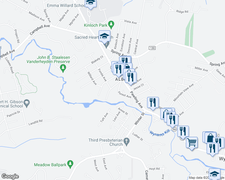 map of restaurants, bars, coffee shops, grocery stores, and more near 146 Ford Avenue in Troy