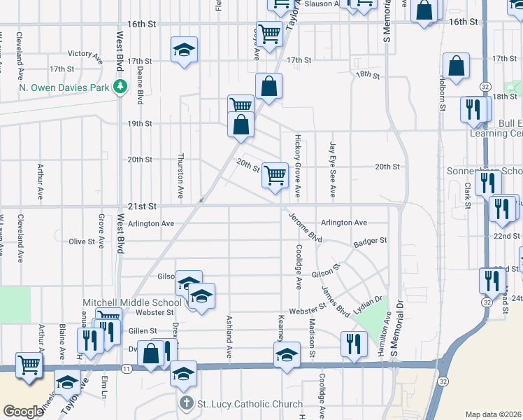 map of restaurants, bars, coffee shops, grocery stores, and more near 2316 Arlington Avenue in Racine