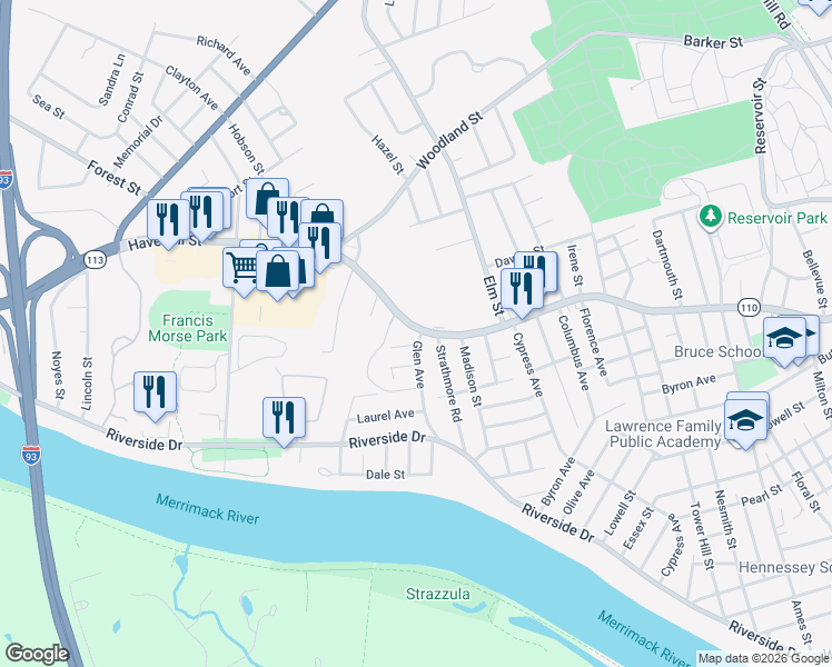 map of restaurants, bars, coffee shops, grocery stores, and more near 6 Strathmore Road in Methuen
