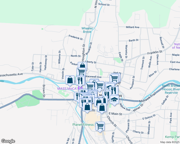 map of restaurants, bars, coffee shops, grocery stores, and more near 169 Bracewell Avenue in North Adams