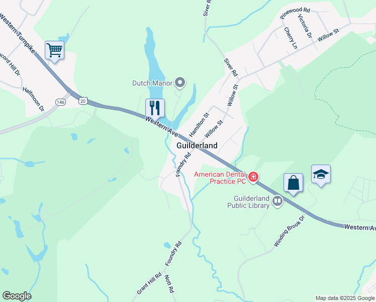 map of restaurants, bars, coffee shops, grocery stores, and more near 6301 Foundry Road in Guilderland