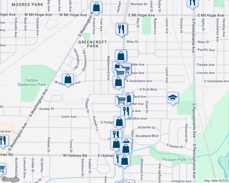map of restaurants, bars, coffee shops, grocery stores, and more near 400 East Willard Avenue in Lansing