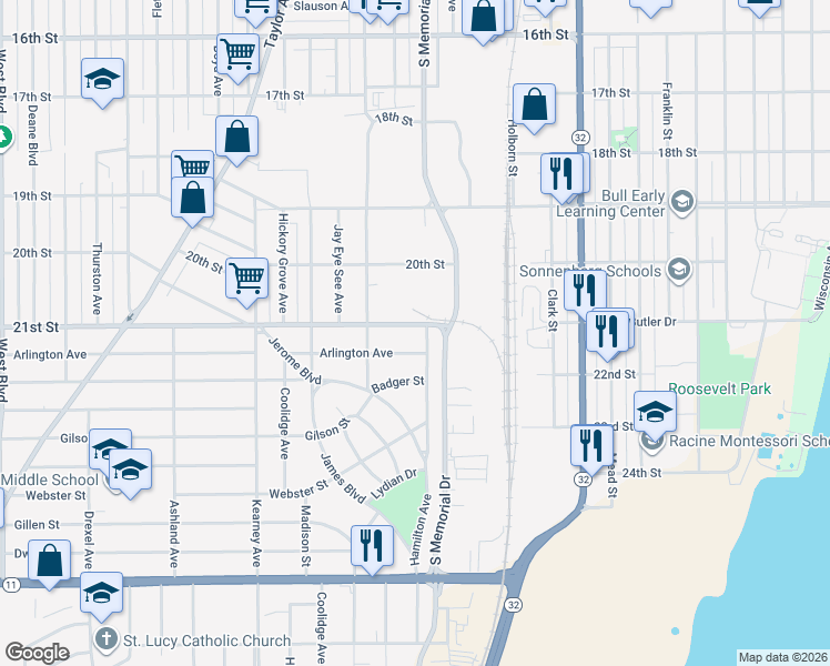 map of restaurants, bars, coffee shops, grocery stores, and more near 2125 Hamilton Avenue in Racine