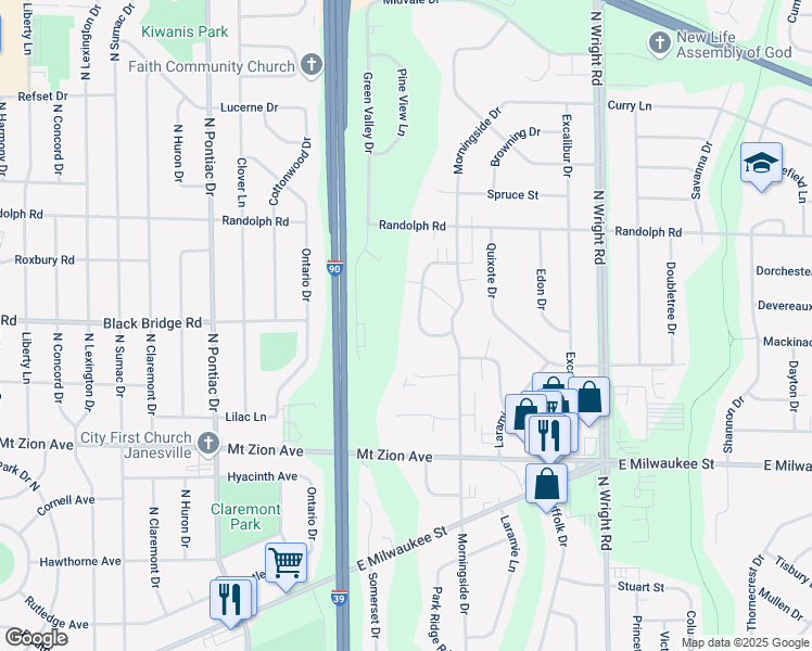 map of restaurants, bars, coffee shops, grocery stores, and more near 1629 Green Forest Run in Janesville