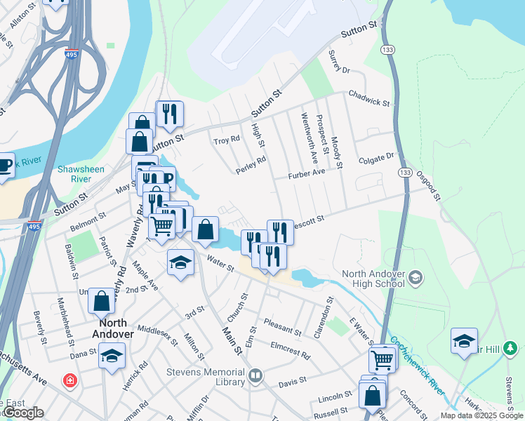 map of restaurants, bars, coffee shops, grocery stores, and more near 88 High Street in North Andover
