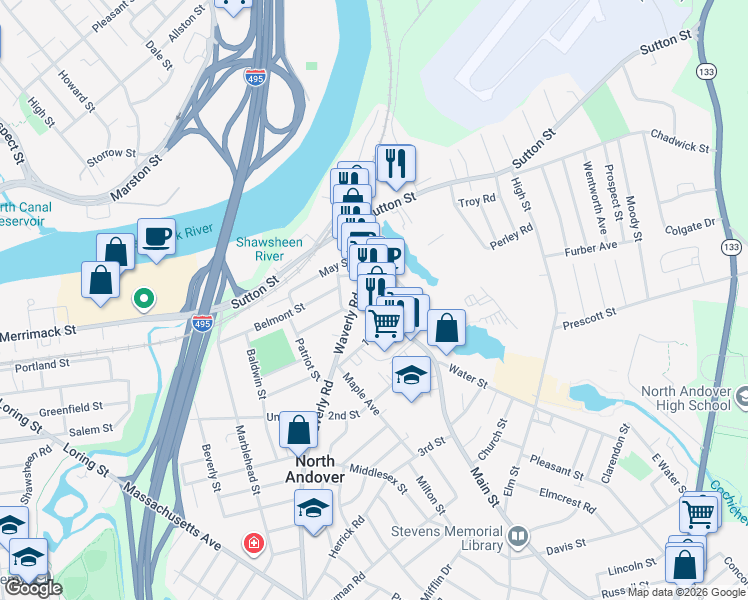 map of restaurants, bars, coffee shops, grocery stores, and more near 72 Main Street in North Andover