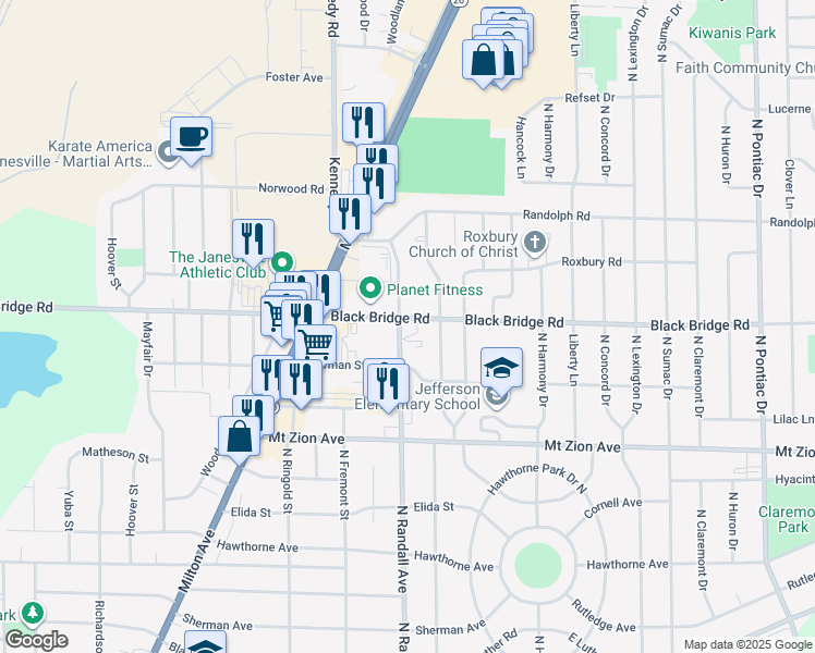 map of restaurants, bars, coffee shops, grocery stores, and more near 1602 North Randall Avenue in Janesville