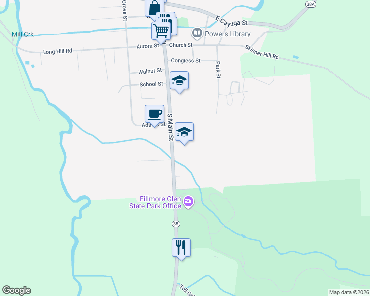 map of restaurants, bars, coffee shops, grocery stores, and more near 24 South Main Street in Moravia
