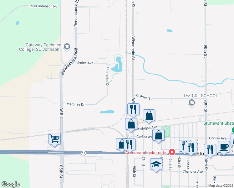 map of restaurants, bars, coffee shops, grocery stores, and more near 2525 Enterprise Drive in Sturtevant