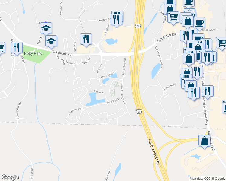 map of restaurants, bars, coffee shops, grocery stores, and more near 325 Brook Village Road in Nashua