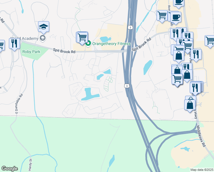 map of restaurants, bars, coffee shops, grocery stores, and more near 325 Brook Village Road in Nashua