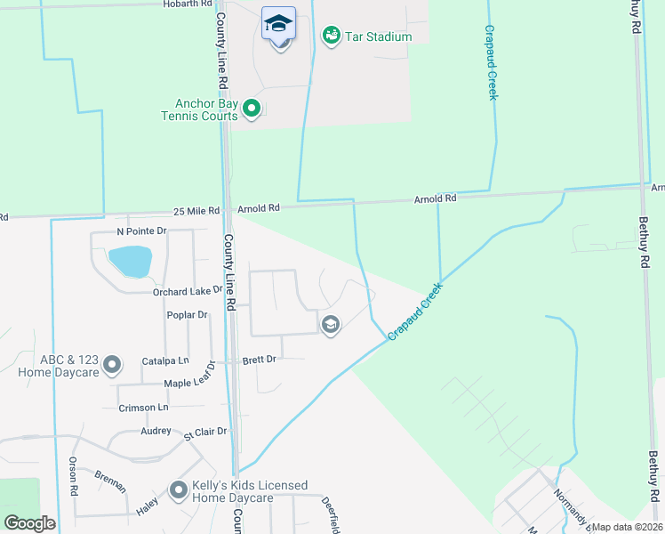 map of restaurants, bars, coffee shops, grocery stores, and more near 54519 Malibu Lane in New Baltimore
