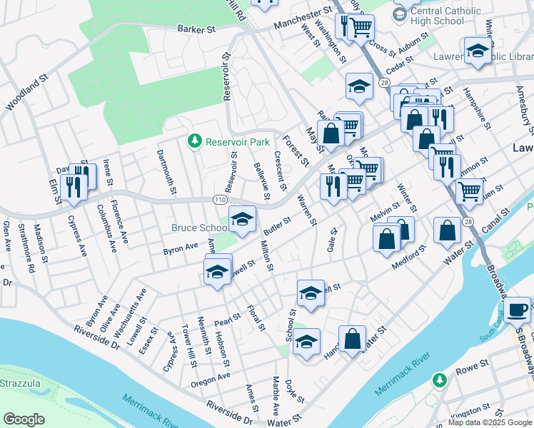 map of restaurants, bars, coffee shops, grocery stores, and more near 47 Milton Street in Lawrence