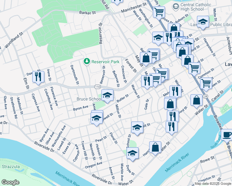 map of restaurants, bars, coffee shops, grocery stores, and more near 47 Milton Street in Lawrence