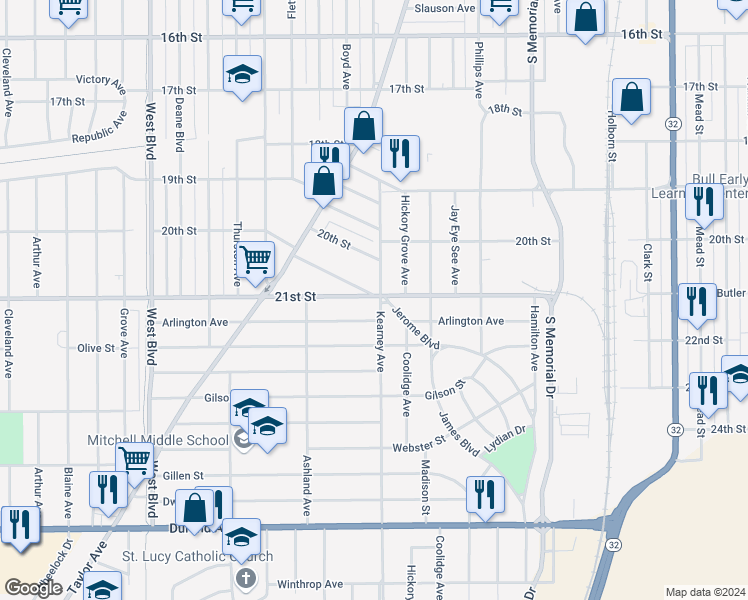 map of restaurants, bars, coffee shops, grocery stores, and more near 2100 Kearney Avenue in Racine