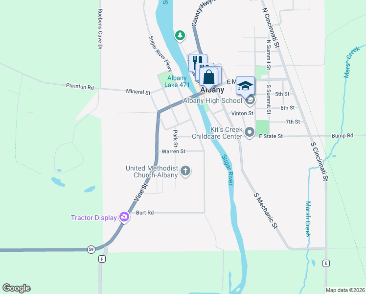 map of restaurants, bars, coffee shops, grocery stores, and more near 405 South Mill Street in Albany
