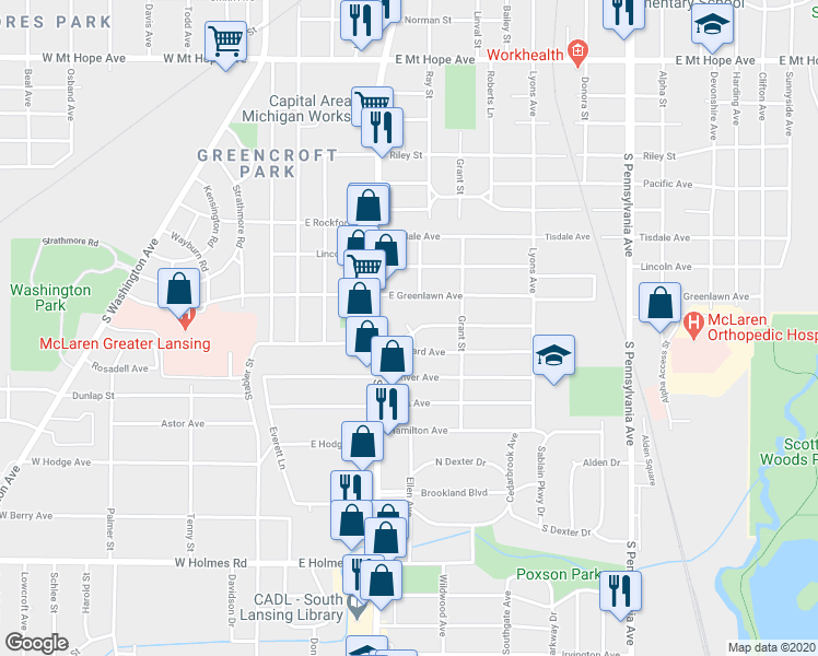 map of restaurants, bars, coffee shops, grocery stores, and more near 2701 Garfield Street in Lansing